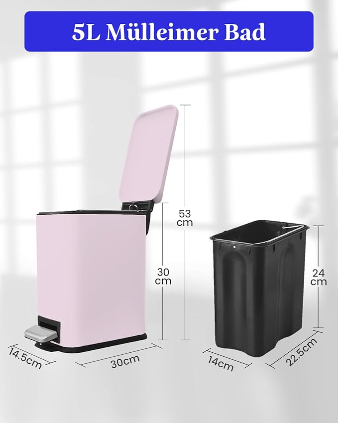 JM.YIPENG Bathroom Rubbish Bin, 5 Litre Cosmetic Bin, Small Waste Bin with Soft Close Lid, Bathroom Bin for Toilet, Bathroom, Bedroom, Living Room, Pink
