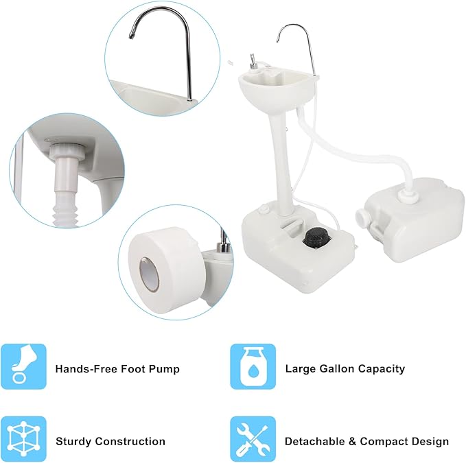 Outvita Portable Camping Sink w/ 19L Water Tank Rolling Wheels Towel Holder Soap Dispenser Faucet, Outdoor Foot Pump Washing Station for RV Boat Travel Picnic Worksit