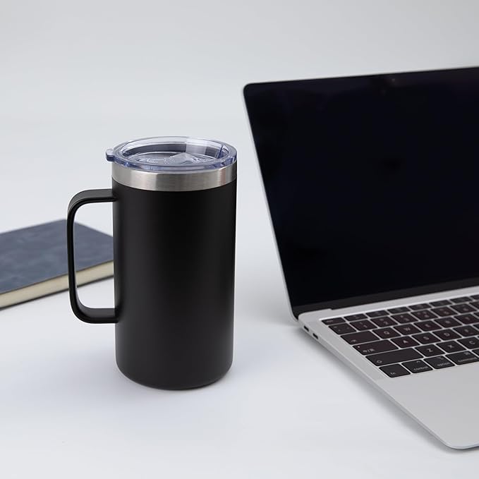 DOMICARE 24oz Mug with Handle and Lid, Stainless Steel Coffee Mug, Travel Mug with Handle, Double Wall Vacuum Coffee Tumbler, Reusable Insulated Cup, Black, Pack 4