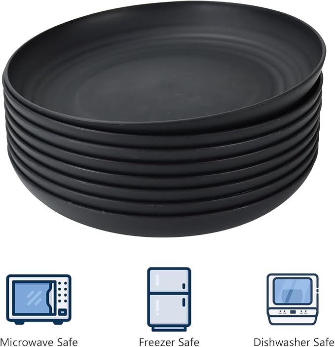 Homienly Dinner Set of 8 - Alternative to Plastic, Microwave & Dishwasher Safe Wheat Straw Unbreakable Kids Plates (Black, 10 inch)