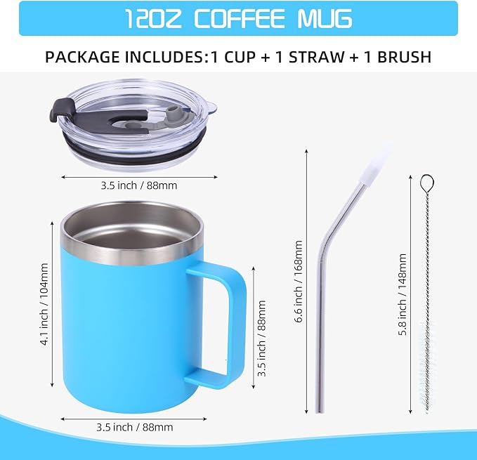 Volhoply 12oz Insulated Leakproof Coffee Mug with Flip & Straw Lid Bulk 4 Pack,Double Wall Vacuum Stainless Steel Travel Tumbler Cup with Handle,Camping Mugs Keep Cold/Hot(Blue,4 Set)