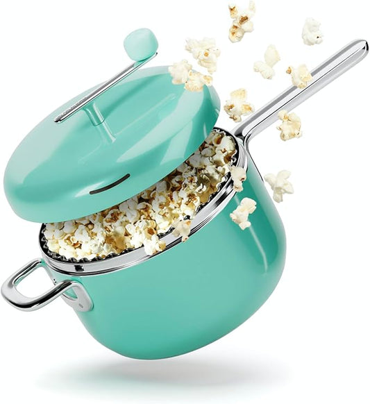 Popsmith Popcorn Popper in Mint - 6 Quart Stovetop Popcorn Machine - Stainless Steel Popcorn Maker Compatible with All Stovetops
