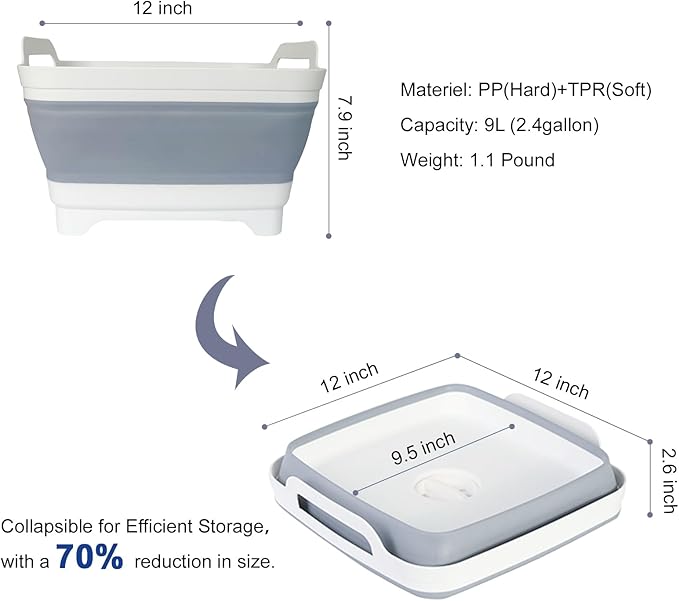 Collapsible Dish Tub 2X9L-Collapsible Basin Bucket Portable Sink-Outdoor Multiuse Foldable Sink Tub Wash Dish Basin for Kitchen Basin RV Camping (Grey+Grey)