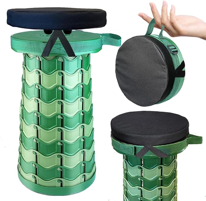 Portable Collapsible Stool Set - Sturdy Telescoping Stool + Thick Seat Cushion - Small Lightweight for Camping Travel Picnic Gardening (Round/Camouflage)