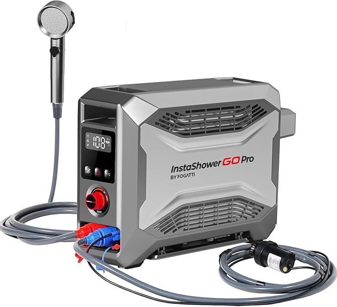 FOGATTI InstaShower GO Pro, Portable Propane Water Heater 22,000 BTU, with 5000mAh Rechargeable Built-in Battery, DC 12V, Outdoor Camping Shower