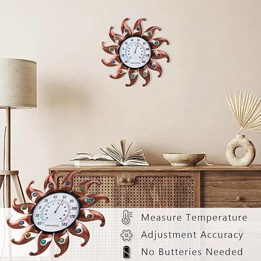 VEWOGITF Sun Outdoor Thermometer, Copper Wall Thermometer No Need Battery, 13.5" Dia Metal Indoor Thermomter with Beads Decor for Patio Home Room