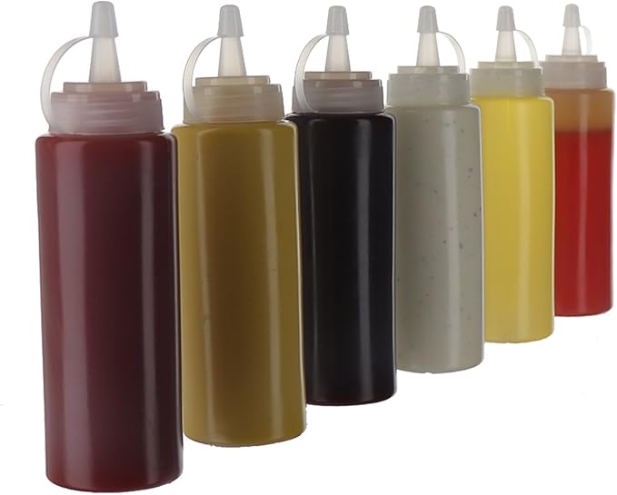 Oaklyn Squeeze Bottles 8oz 6 Pack - Reusable Condiment Bottles for Sauces Liquids BPA-Free Leak Proof Design, Easy to Clean Plastic Squeeze Bottles with Nozzle