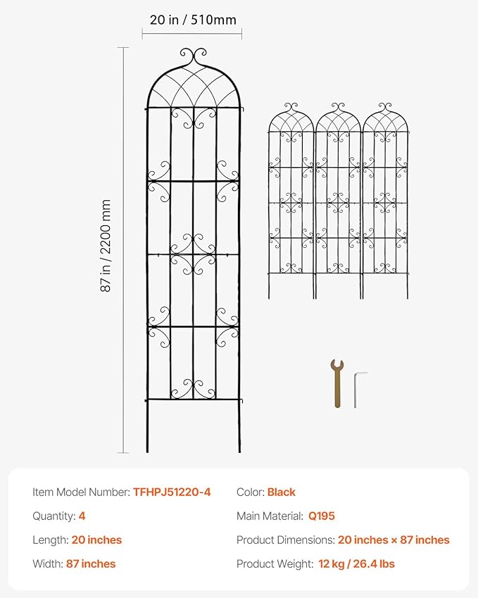 VEVOR Garden Trellis for Climbing Plants, 87 x 20 in, 4 Packs Rustproof Metal Garden Flower Trellis, Outdoor Climbing Rose Trellis Cucumbers Support, Decorative Clematis Trellis for Courtyards Lawns
