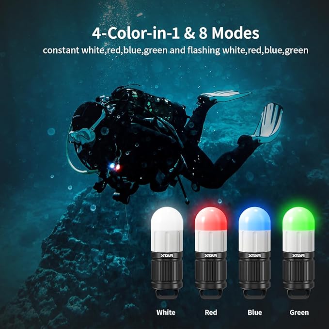 XTAR SD1 Scuba Dive Strobe Beacon,4-Color-in-1 (White,Red,Blue,Green) 8 Modes Diving Signal Light Night Dive Flashing Marker Light,for 100M Underwater Diving (SD1 Set)
