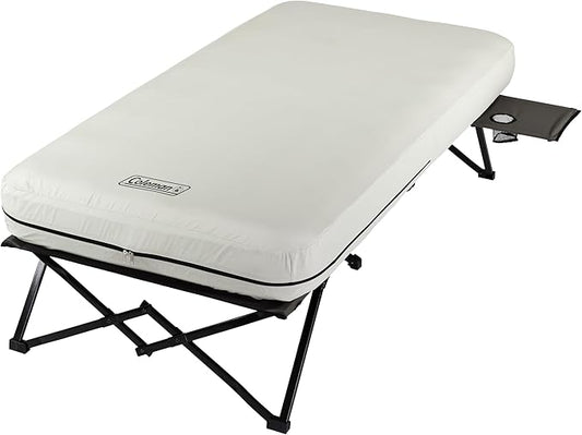 Coleman Queen-Size Airbed Cot Combination, Folding Air Mattress with Steel Frame & Side Table, Battery Pump Included, Great for Camping, Lounging, Elevated Sleeping, Guests, & More