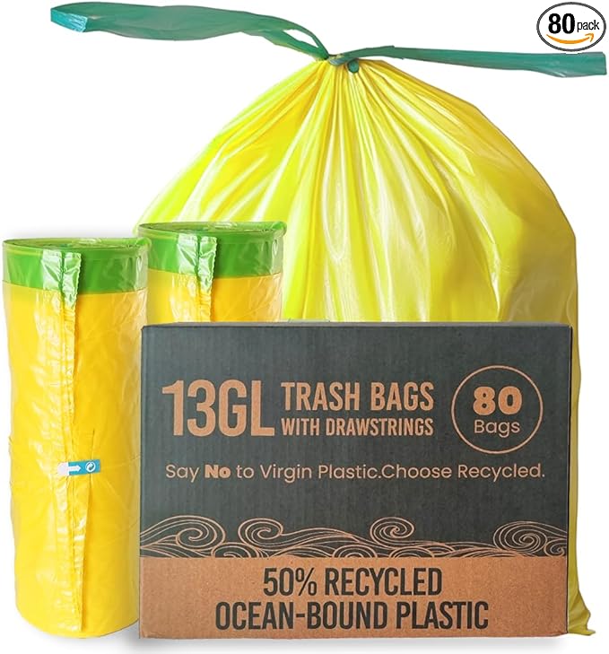 13 Gallon Trash Bags with Drawstrings, 80 Bags Made from 50% Recycled Plastic, Code K Leakproof and Tear-Resistant, Tall Kitchen Garbage Bags for Home and Office