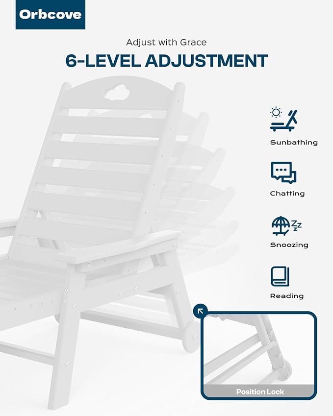 Outdoor Lounge Chair with Cup Holder, Outdoor Chaise Lounge with 6-Position Adjustable Backrest, HDPE Lounge Chair for Poolside, Patio, Deck & Backyard, Chaise Lounge with Wheels (White, 1)