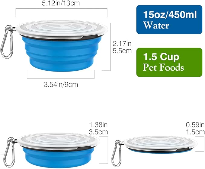 Pawaboo Silicone Collapsible Dog Bowls 2 Pack, Blue + Green, 5.1 x 3.5 x 2.1 in, 13 x 9 x 5.5 cm, Lid Included, Portable, Easy Cleanup, Suitable for Small to Medium Dogs