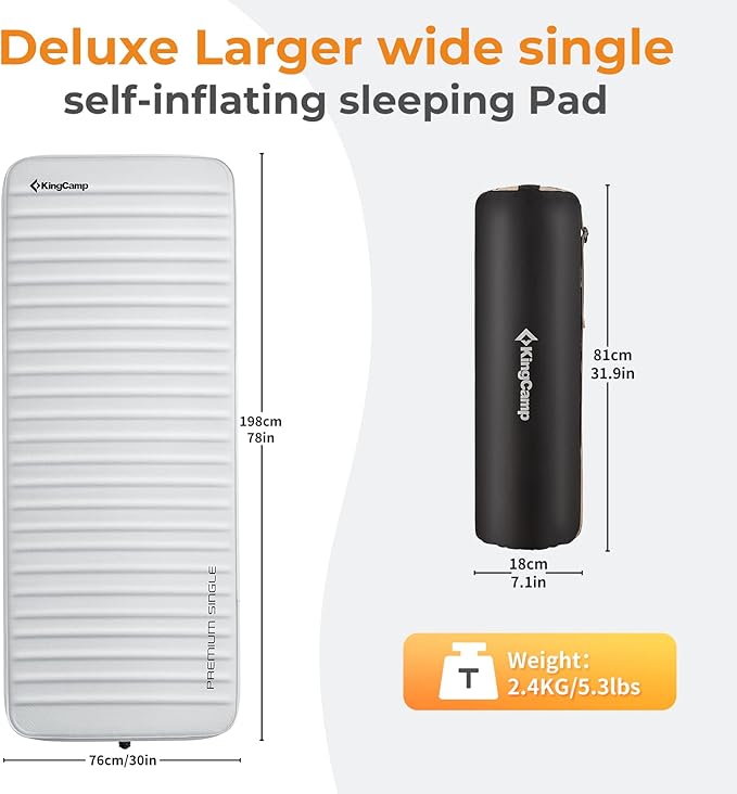 KingCamp Self Inflating Sleeping Pad, R 7.9 Air & Foam Sleeping Pad for Camping All Seasons, 3" Thick Single Camping Mattress for Camp Tent Outdoor Car, PVC Free (Lightgrey/Charcoal)