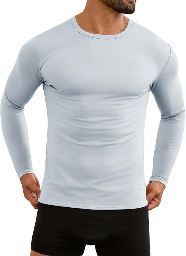URRU Thermal Underwear for Men High Stretch Fleece Lined Long Sleeve Crewneck Thermal Shirts Base Layer Top Men Cold Weather