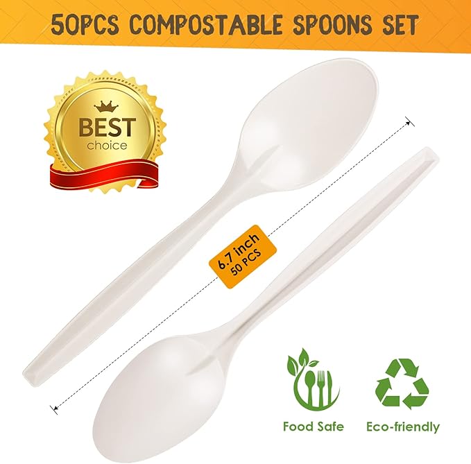 Gezond Compostable Spoons 50 Pack 6.7 Inch Disposable Spoons No Plastic Biodegradable Cutlery Set Heavy-duty for Party Wedding Camping Office Picnic