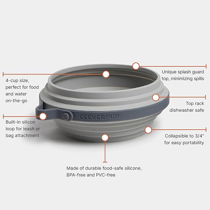 Nomad Large Collapsible Dog Bowl - 4 Cup Food-Safe Silicone Travel Bowl for Dogs, Portable & Sturdy, Food/Water, Dishwasher Safe - Grey