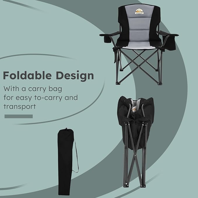 Oversized Folding Camping Chairs - 450 LBS Support Heavy Duty Camp Chair with Padded Cushion, Portable Outside Chairs with Carry Bag，Cooler, Cup Holder for Outdoor, Lawn, Sports - Black