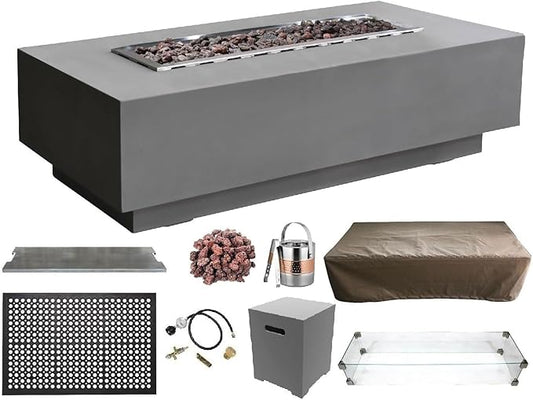 Elementi | Bundle Granville Gas Fire Pit Cast Concrete 60" Rectangular Fire Table, Outdoor Fire Pit Electronic Ignition | Canvas Cover, Lava Rock Included | Light Gray (Propane Gas)
