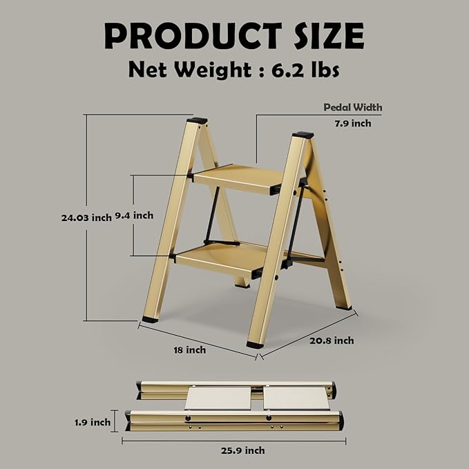 HillhutApex 2 Step Stool, Aluminum Foldable Step Ladder, Lightweight Stable Stool with Wide Non-Slip Pedals, 330lbs Bearing Capacity Ladder for Office,Home,Kitchen - Gold