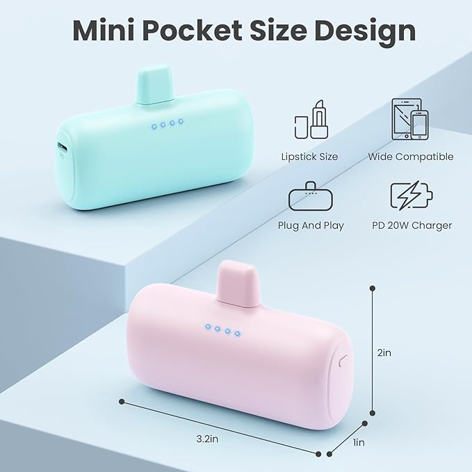 [2-Pack] Mini Portable Charger for iPhone,5200mAh Ultra Compact PD Fast Charging Power Bank,Plug-in Battery Pack Travel Cordless Phone Charger,Compatible with iPhone 14/14Pro/13/12/11/X/8(Pink+Green)