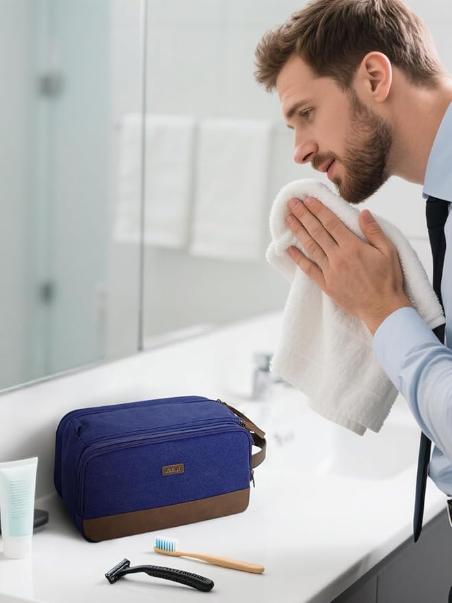 WANDF Toiletry Bag for Men Travel Toiletry Organizer Canvas and Leather Dopp Kit Water-Resistant Shaving Bag for Travel Accessories (Blue, Large)
