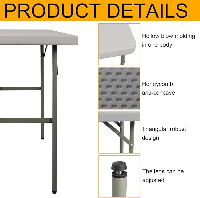 Folding Table 2.7ft Rectangular All-Occasion Plastic Folding Event Table for Indoor and Outdoor, Portable Desk, Camping, Durable and Stable, HDPE and Steel, Wide Application, Grey