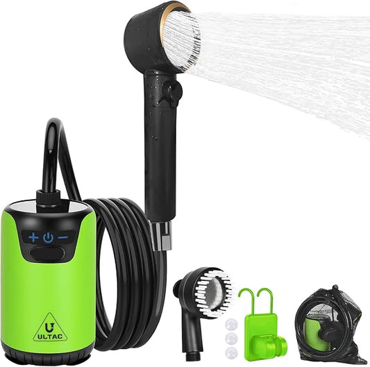 Portable Shower for Camping, 10000mAh Outdoor Electric Shower Pump Rechargeable IPX7 Waterproof Camp Shower with LED Display and 2 Head Nozzle for Camping, Hiking, Travel, Car, Pet