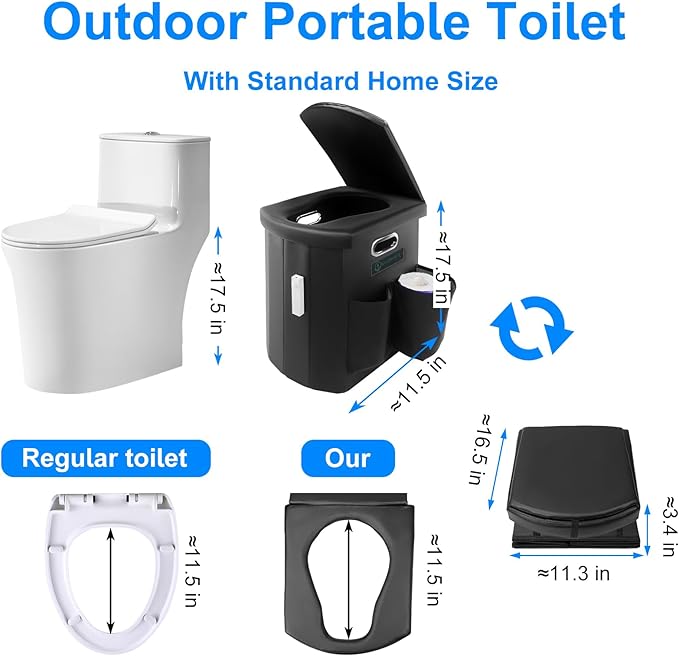 Upgrade XXL Portable Toilet Camping for Adults,17.5" Foldable Camping Toilet Portable, Portative Travel Toilet with Night Sensor Light,Aroma Patch,Handbag for Hiking, Car, Boat, Tent (Back)