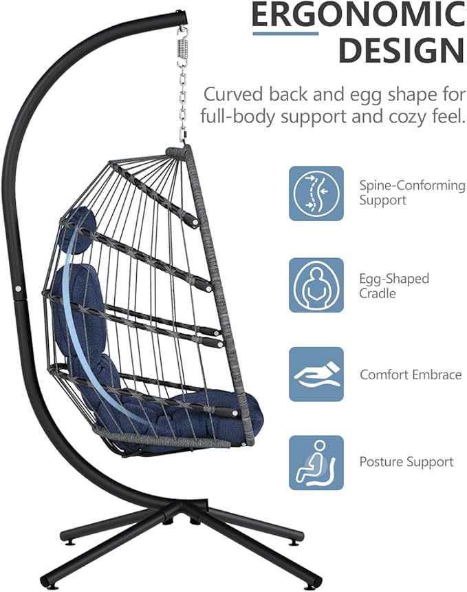 SWITTE Egg Chair Outdoor with Stand, Indoor Wicker Hanging Egg Swing Chair with Cushion, 350lbs Capacity for Patio, Bedroom, Garden - Dark Blue