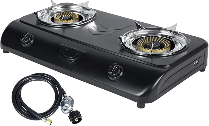 BESTFIRE 35,000 BTU Double Burner Propane Gas Stove, Portable Outdoor Camping Cooker with Auto Ignition, Rust-Resistant Alloy Steel, CSA Regulator & Hose, for BBQ, RV, Tailgating, 28.74"×14.76"×5.51"