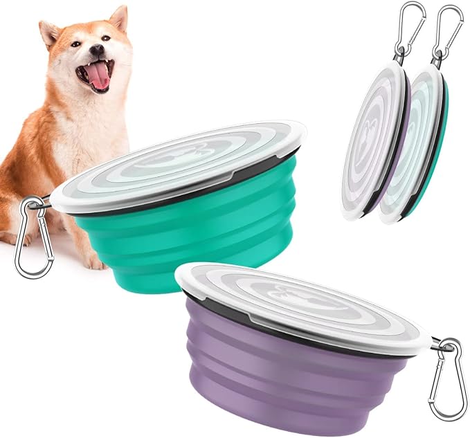 Pawaboo Collapsible Dog Bowls 2 Pack, Silicone Feeding Watering Bowls with Lids & Carabiners for Dogs Cats, Portable Water Feeder Food Bowl for Walking Traveling Home Use, 1000ml, Violet+Turquoise