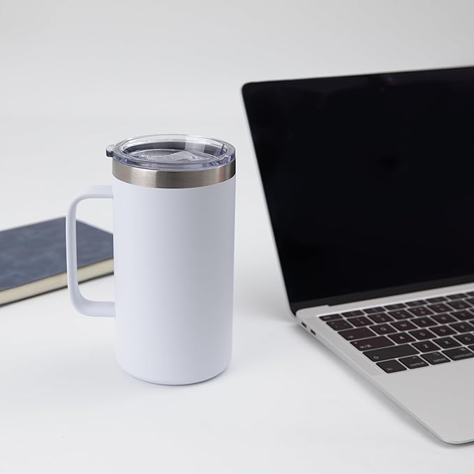 DOMICARE 24oz Mug with Handle and Lid, Stainless Steel Coffee Mug, Reusable Insulated Cup, Travel Mug with Handle, Double Wall Vacuum Coffee Tumbler for Men and Women, White, Pack 1