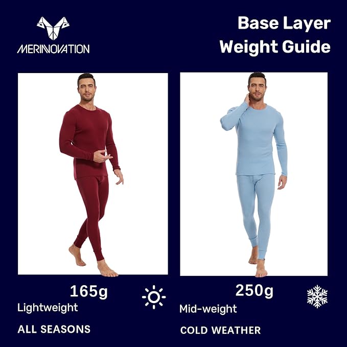 MERINNOVATION Merino Wool Base Layer Set for Men 100% Merino Wool Thermal Underwear Long Sleeve