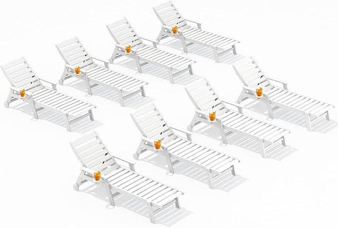 SERWALL Patio Chaise Lounge Chair Set of 8, 5 Positions Adjustable Poly Outdoor Lounge Chair for Pool, HDPE Lounge Chair with Rolling Wheels & Cup Holder for Poolside, Deck, White