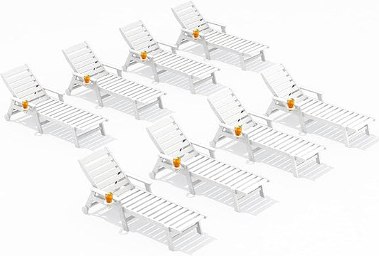 SERWALL Patio Chaise Lounge Chair Set of 8, 5 Positions Adjustable Poly Outdoor Lounge Chair for Pool, HDPE Lounge Chair with Rolling Wheels & Cup Holder for Poolside, Deck, White