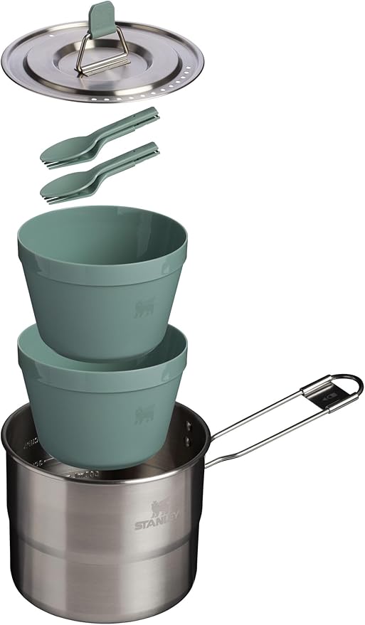 Stanley Wildfare Go Two Bowl Mess Kit | 8pc Portable Pot & Cookware Set | 1.25qt Stainless Steel Pot w/Locking Handle, Lid, 2 Bowls & Sporks
