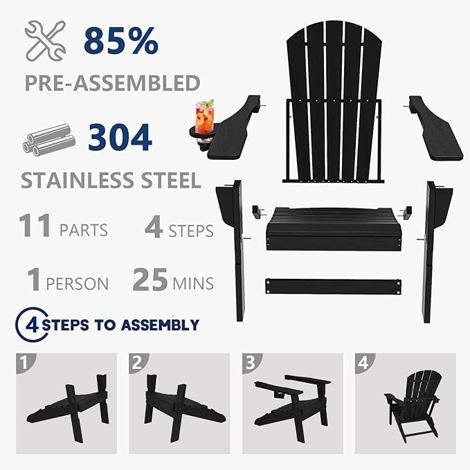Folding Adirondack Chair, Cup Holder, SGS Tested, Wooden Textured，Heavy All-Weather HDPE Comfortable Set Poolside Backyard Lawn Black Set 2