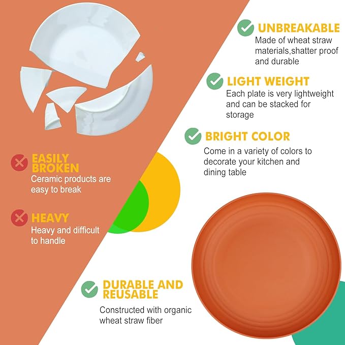 Homienly 10 inch Wheat Straw Dinner Plates Set of 8 - Alternative to Plastic, Microwave & Dishwasher Safe, Unbreakable Kids Plates with 4 Colors (Classic Bright)