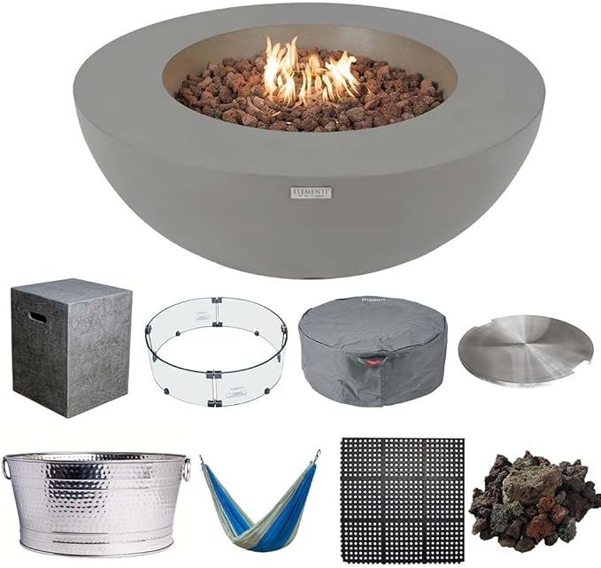Elementi Lunar Bowl Fire Pit Bundle Outdoor Includes 42” Propane Concrete Firepit, Glass Windscreen, Stainless Steel Cover, Tank Cover, Canvas Cover, Floor Mat, Hammock, Beverage Tub