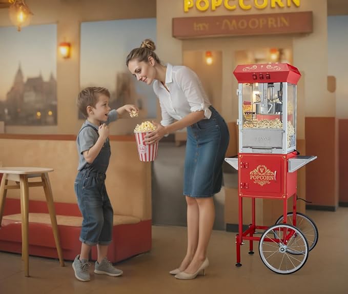 VEVOR Commercial Popcorn Machine, 8 Oz Kettle, 850 W Popcorn Maker on Wheels for 48 Cups per Batch, Theater Style Popper with 3-Switch Control Steel Frame Tempered Glass Doors Cart 1 Scoop 2 Spoons