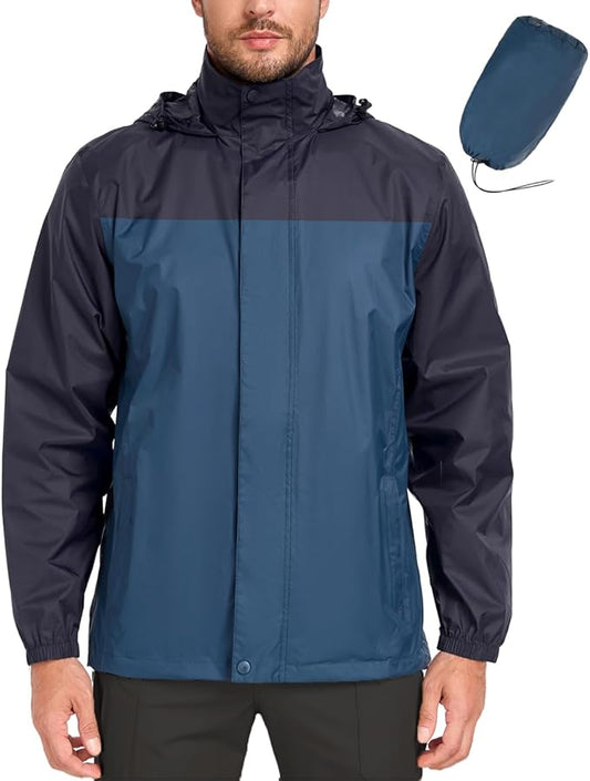 MANSDOUR Men's Packable Rain Jacket Waterproof Lightweight Windbreaker Cycling Golf Hiking Reflective Raincoat with Hood