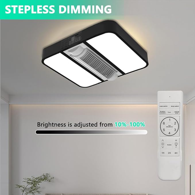 18" Bladeless Ceiling Fan with Light and Remote, LED Low Profile Flush Mount Ceiling Fan with 6 Speed Dimmable, 3000-6000K, Enclosed Modern Ceiling Fans for Bedroom Living Room (Square)