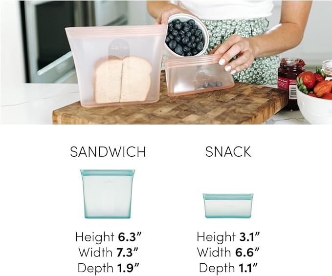 Zip Top Reusable Food Storage Bags | 3 Bag Set [Teal] - 3 Sandwich, 3 Snack | Silicone Meal Prep Container | Microwave, Dishwasher and Freezer Safe | Made in the USA