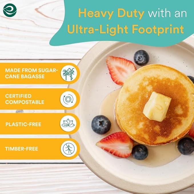 ECO SOUL 100% Compostable 9 Inch Paper Plates 200 [2x100 Pc] Disposable Party Plates I Heavy Duty Eco-Friendly Sturdy Dinner, Wedding, Event Plates I Biodegradable