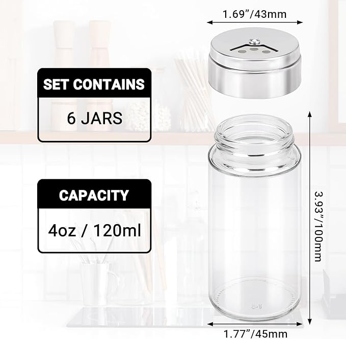 Segarty Spice Jar with Shaker Lids, 6 Pack 4 oz Glass Spice Jars with Adjustable Pour Large Holes for Herbs Grains, Clear Empty Seasoning Containers Spices Bottles Lid Salt Pepper Shakers