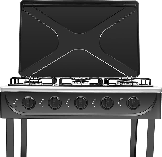 5-Burner Natural Gas Stove, Outdoor Camping Grill Stove, Portable Floor Standing Cooktop Cooker with Storage Stand and Wind Blocking Cover, Manual Ignition for Outdoor RV (Black)