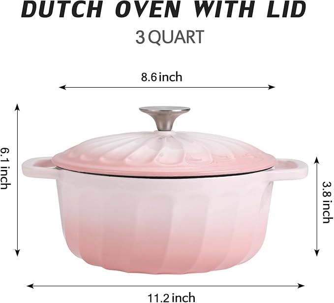 Enameled Cast Iron Dutch Oven with Lid, 3 QT Dutch Oven Pot for Bread Baking, Heavy Duty Cast Iron Pot for Braising, Cook, Bake, Oven Safe across All Cooktops (Gradient Pink,3 QT)