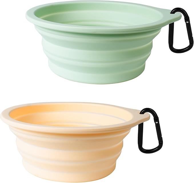 PetBonus 2-Pack Silicone Collapsible Dog Bowls, BPA Free Dishwasher Safe, Portable Foldable Expandable Travel Bowl, Food Water Feeding Cup Dish for Dogs Cats with 2 Carabiners(Light Mint,Beige Cream