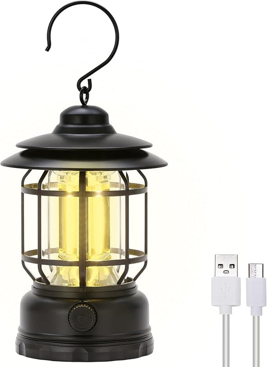 Camping Lanterns Rechargeable, Portable Electric LED Camping Lights Outdoor Hanging Tent Light Vintage Tabletop Lantern Decor Stepless Dimming Waterproof for Camping, Power Outages, Indoor (Black)